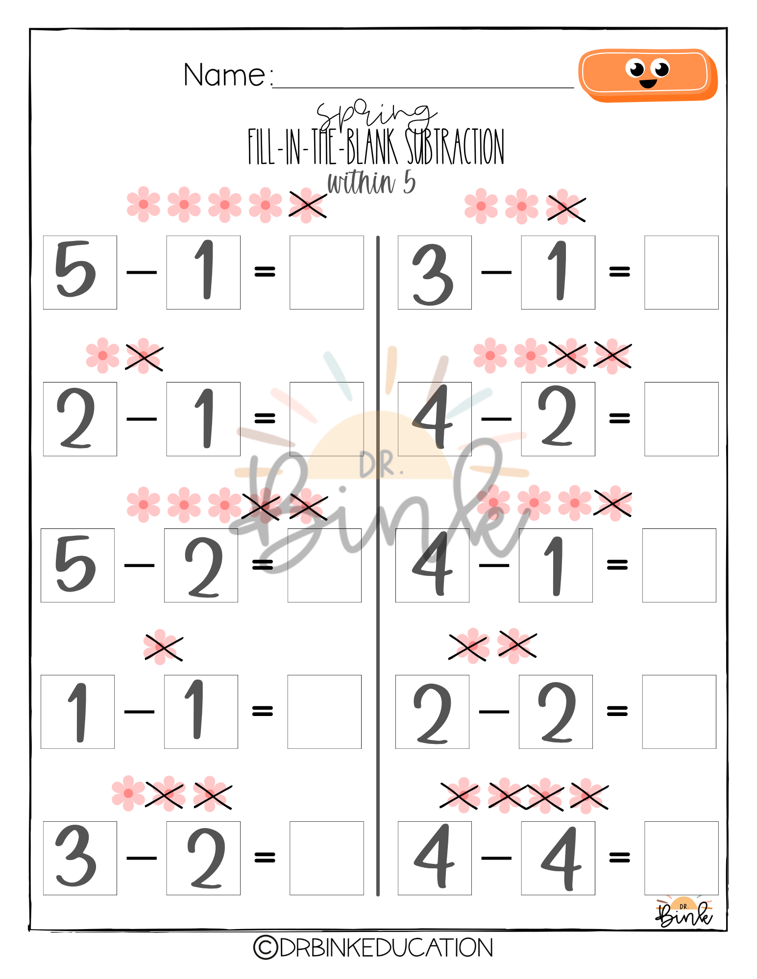 Spring | 1 Blank Subtraction Worksheets