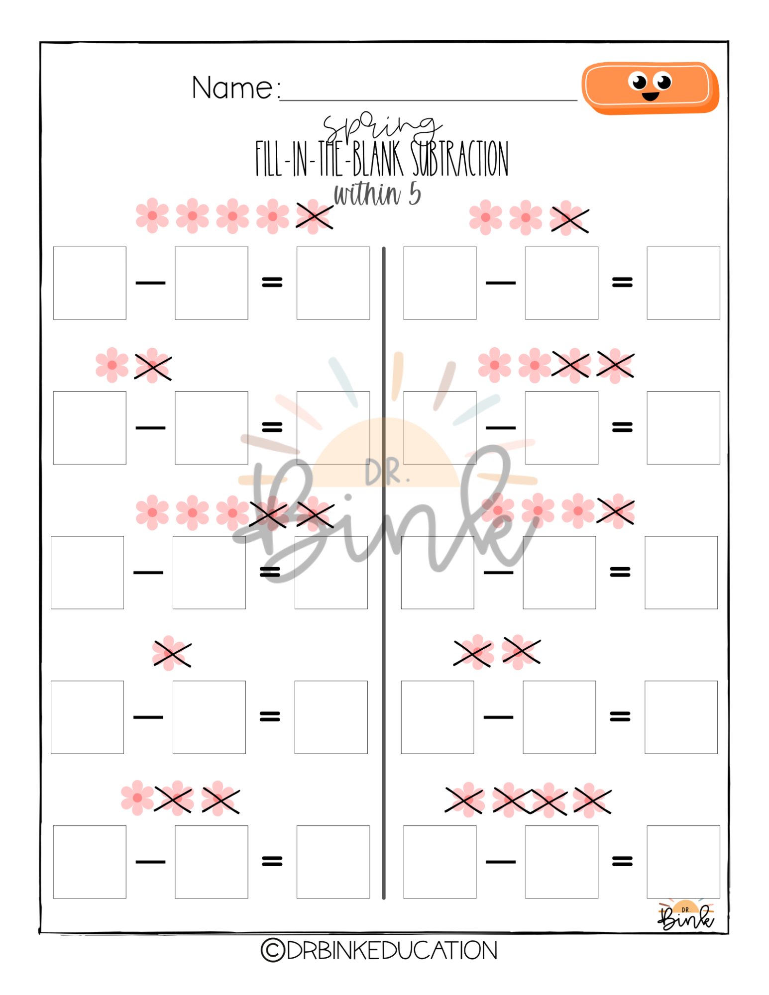 Spring | 3 Blank Subtraction Worksheets | Missing Number Practice
