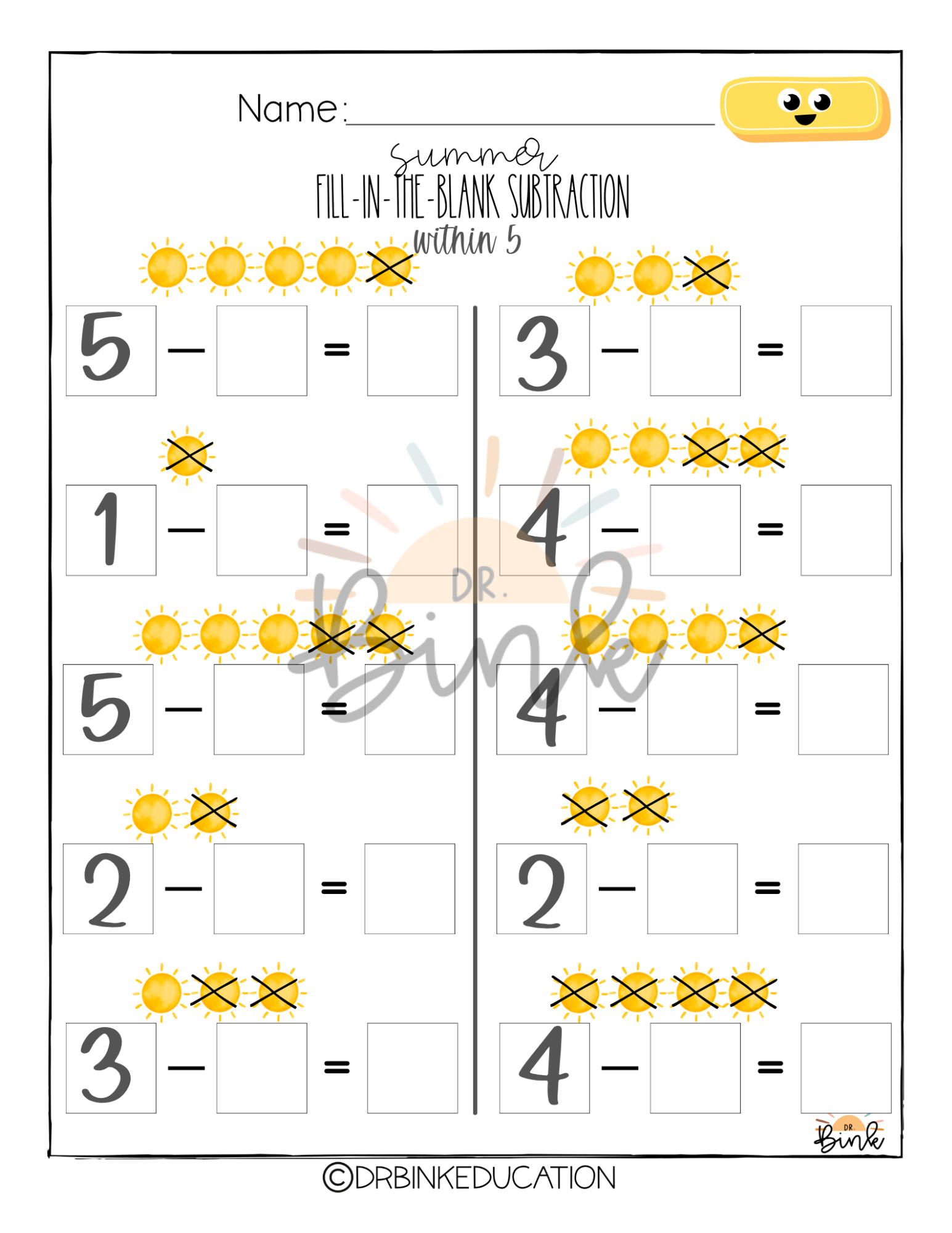 Summer | 2 Blank Subtraction Worksheets | Missing Number Practice