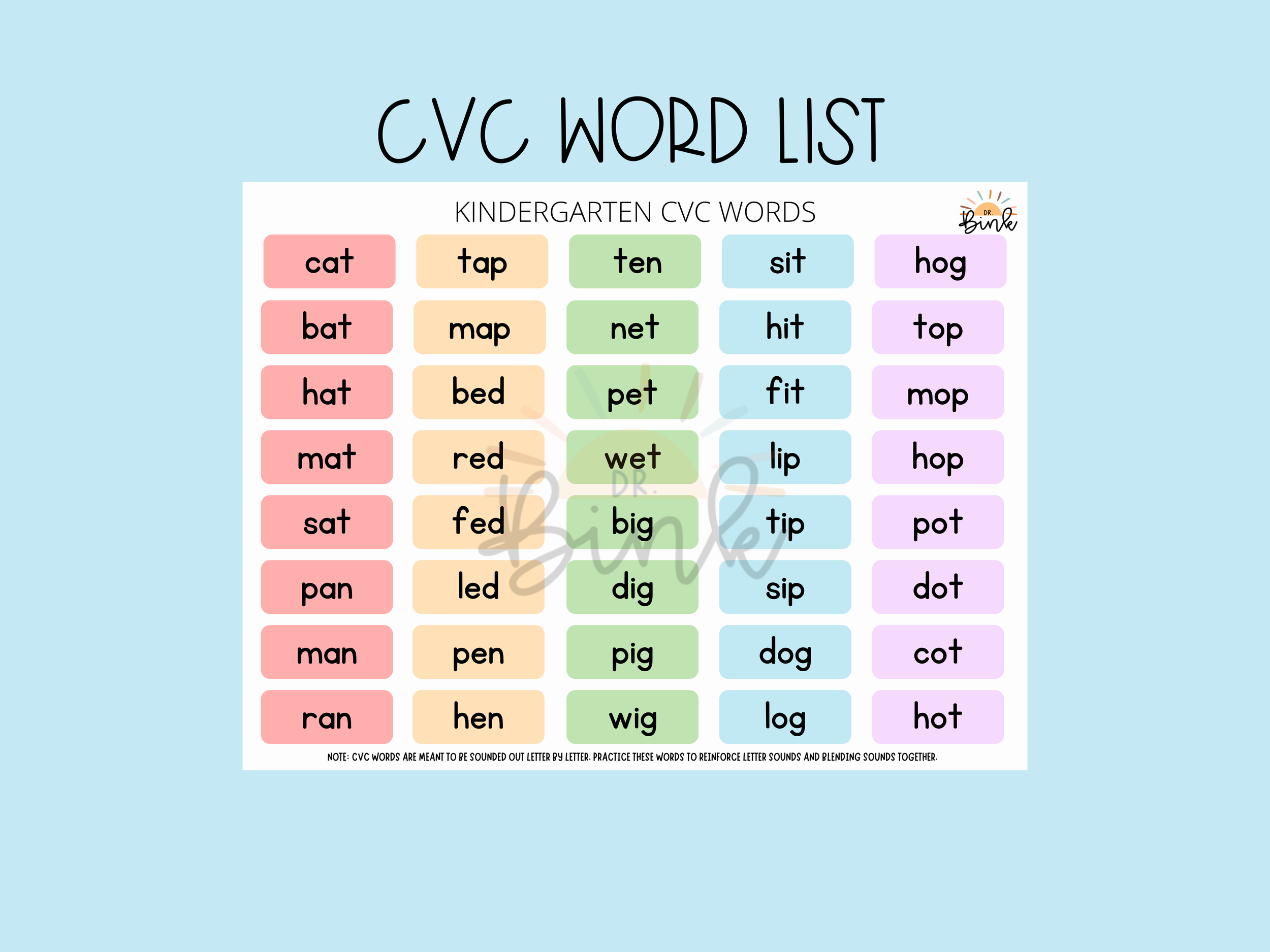 Kindergarten CVC Word List
