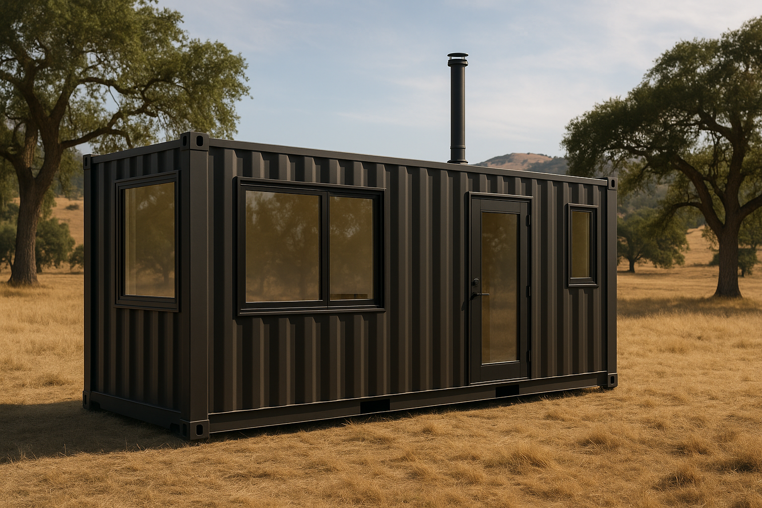 dark container in field with windows