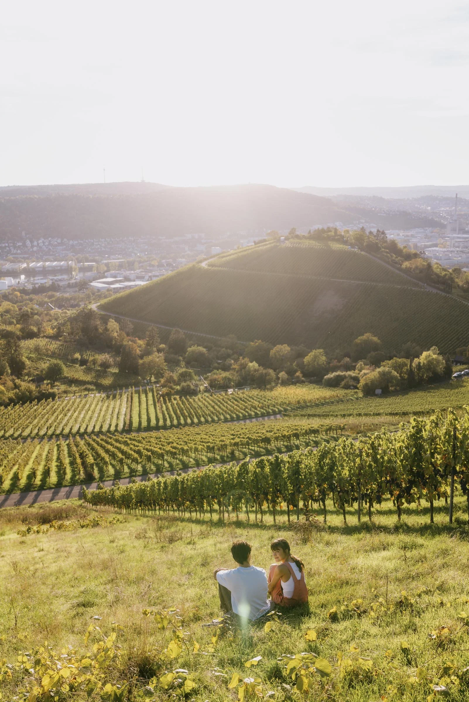Ein Mann und eine Frau sitzen auf einer Wiese mit Blick auf Weinberge in Sonnenuntergangsstimmung.