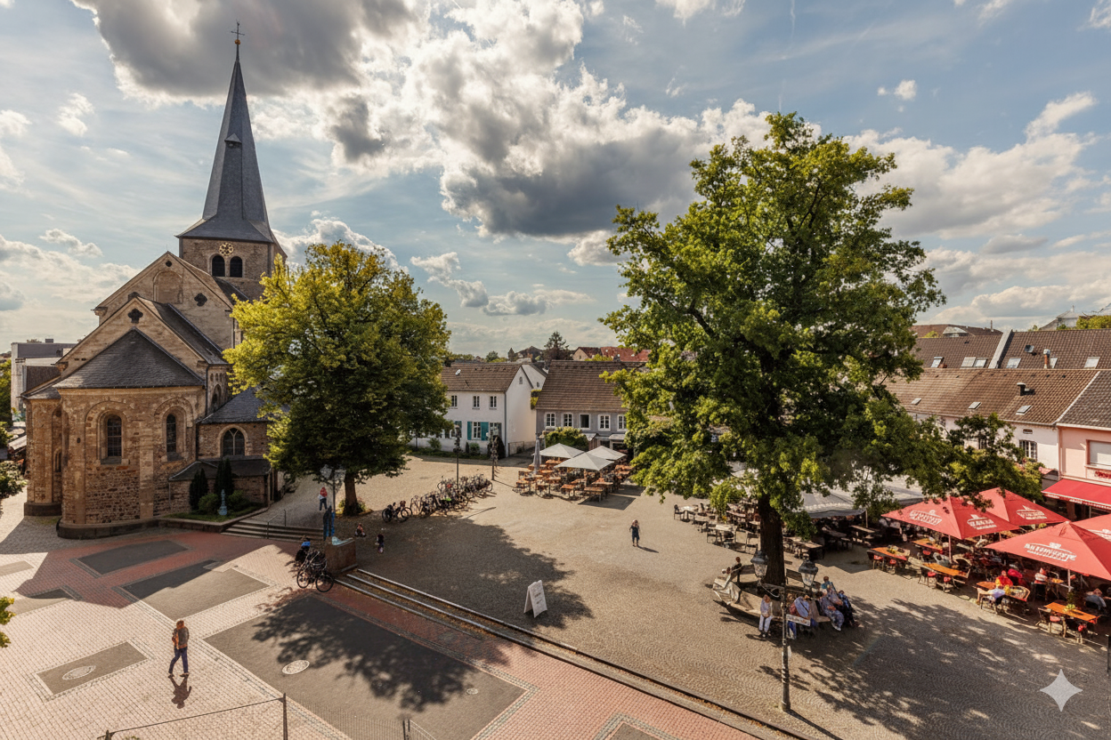 Blick auf einen Platz mit einer alten Kirche, großen Bäumen, Tischen mit Sonnenschirmen und Menschen im Freien an einem sonnigen Tag.
