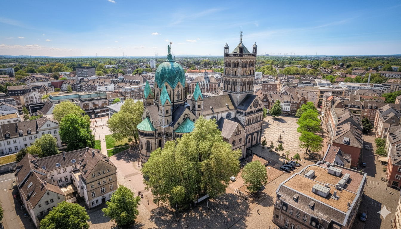 Ein Blick auf eine historische Kirche mit grünen Dächern in einer Stadt, umgeben von Bäumen und Gebäuden bei Sonnenschein.