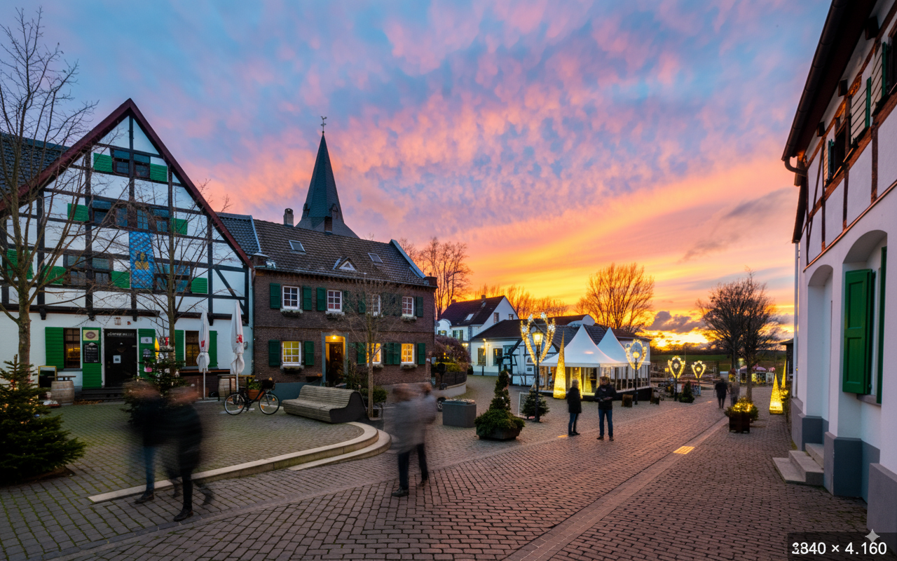 Ein malerischer Stadtplatz bei Sonnenuntergang mit bunten Gebäuden, Weihnachtsdekorationen und Menschen, die spazieren gehen.