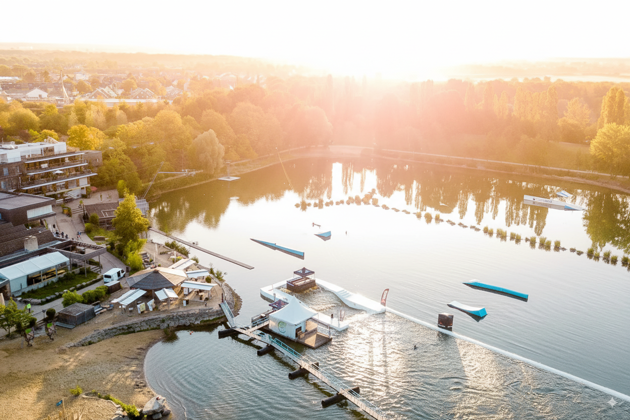 Luftaufnahme eines Sees mit Bootsanlegern und Wassersportanlagen bei Sonnenuntergang in einer ruhigen, bewaldeten Umgebung in Deutschland.