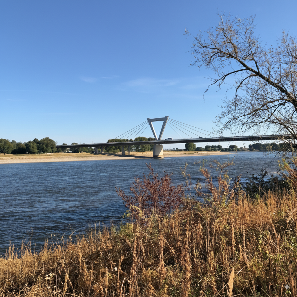 Ein Fluss mit einem modernen Brückenbauwerk im Hintergrund und Bäumen am Ufer im Vordergrund.