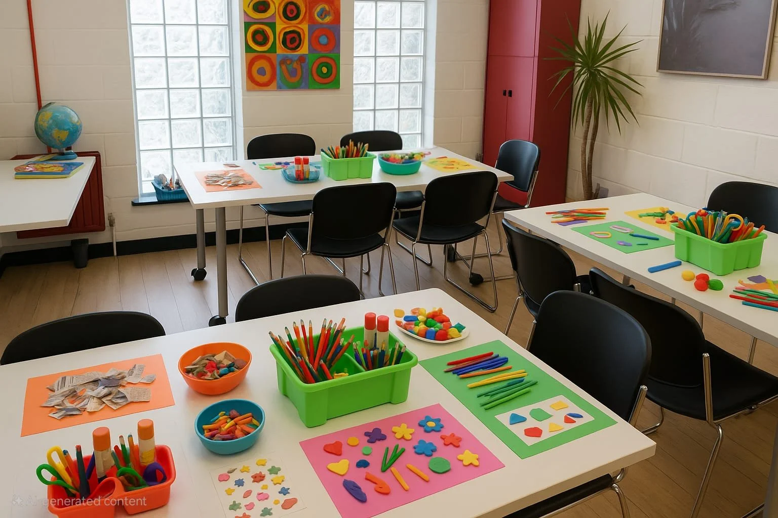 Colorful arts and crafts supplies arranged on tables in a classroom with chairs, a globe, and artwork on the walls.