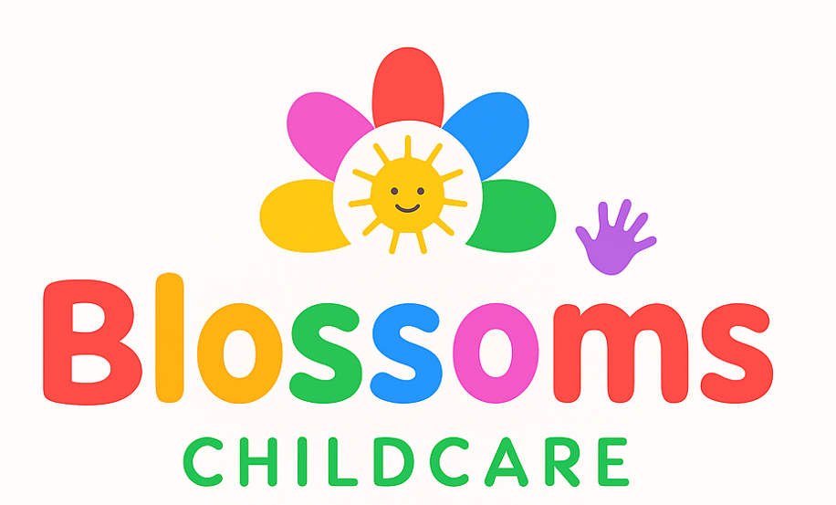 Colorful logo for Blossoms Childcare featuring a flower with a smiling sun face and a purple handprint.