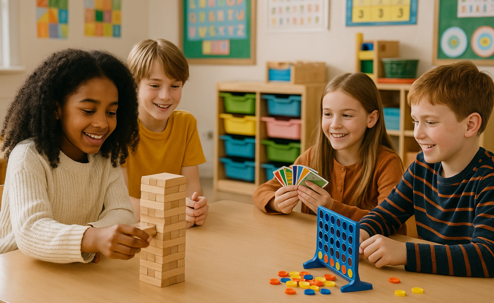 Four children playing Connect Four and Jenga at Blossoms Childcare