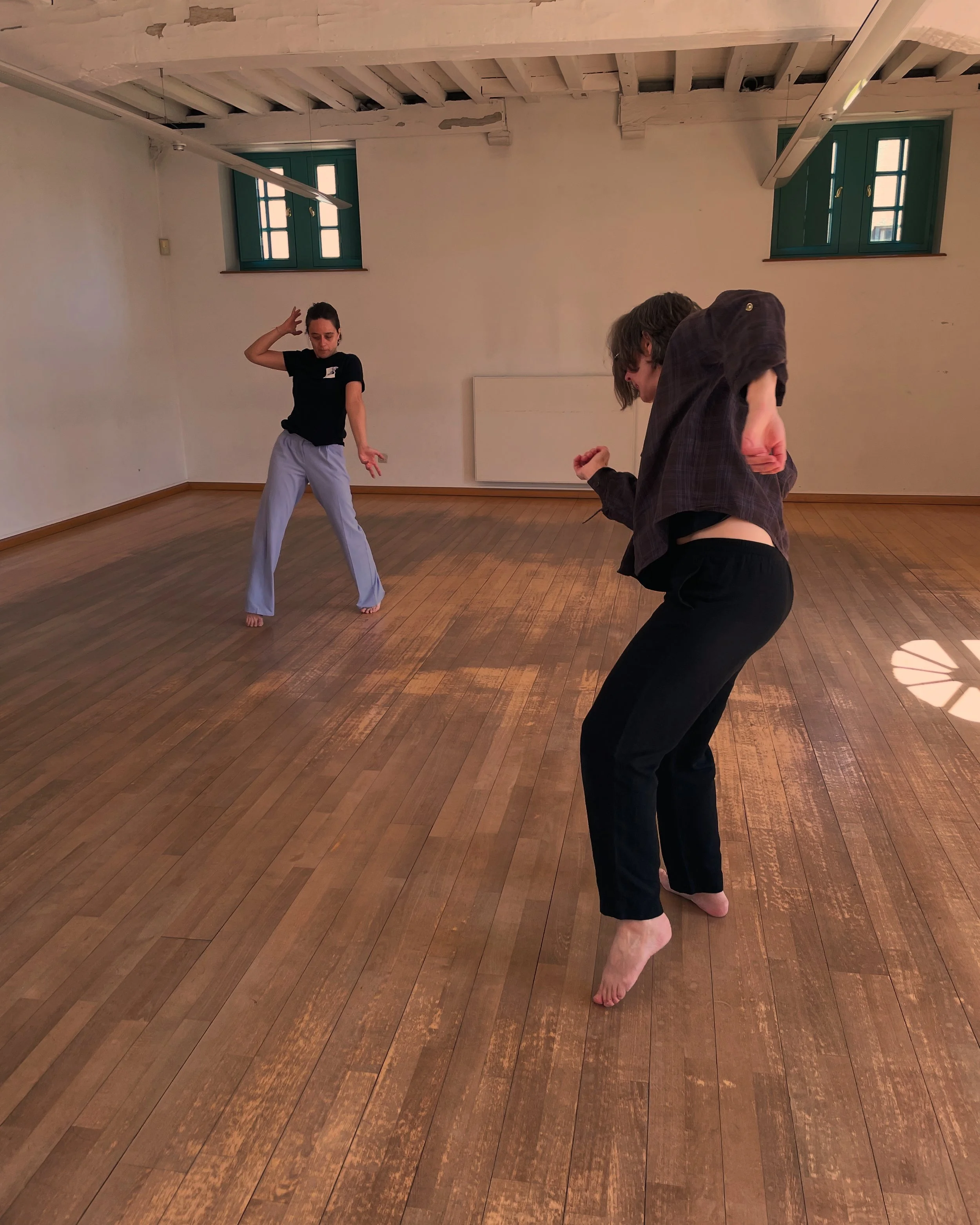 Sessie danstherapie: Twee mensen dansen of oefenen in een lege kamer met houten vloeren en witte muren, met zonlicht dat door de ramen valt.