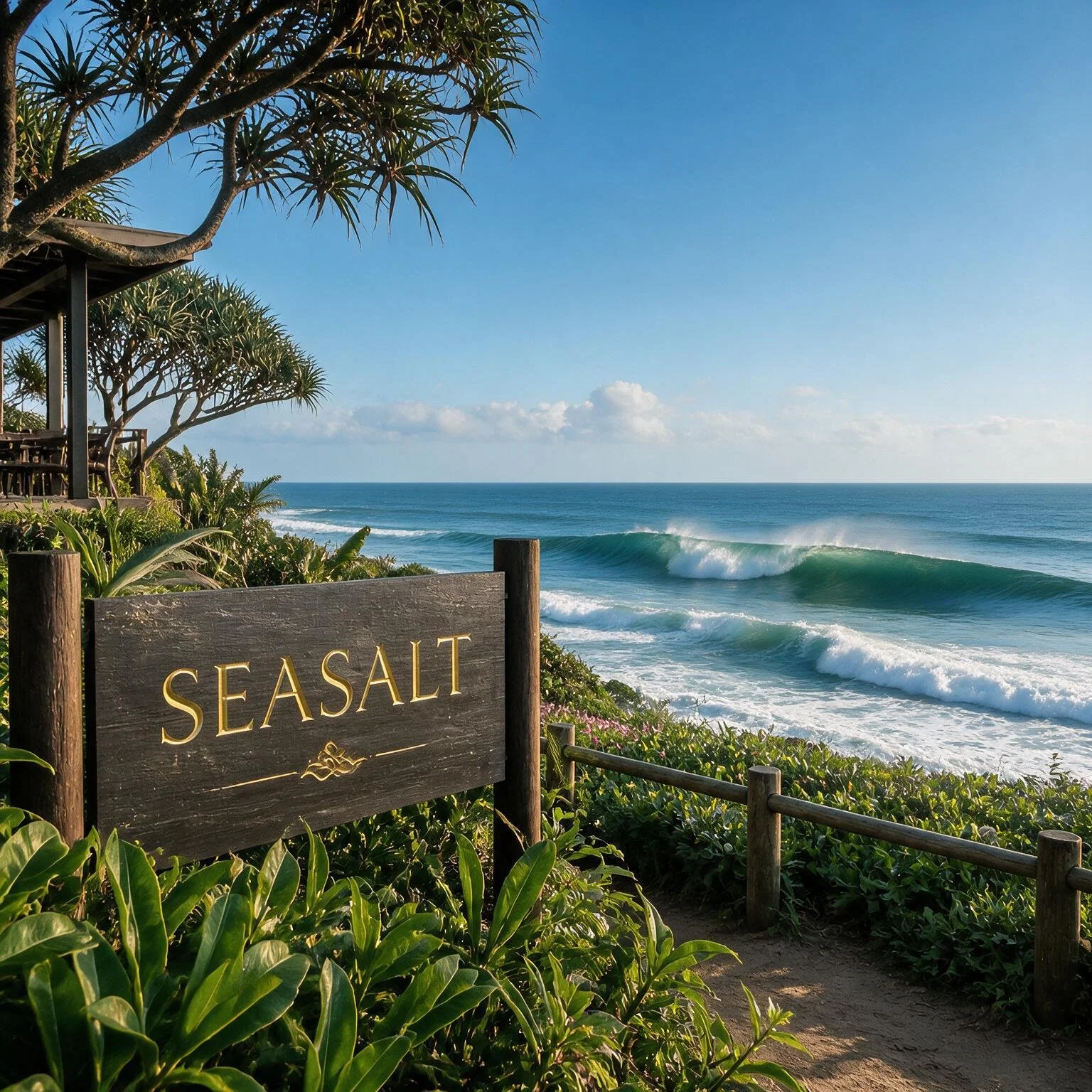 A scenic view of the ocean with waves crashing onto the shore, bordered by lush green plants and trees, with a sign reading 'SEASALT' in the foreground.