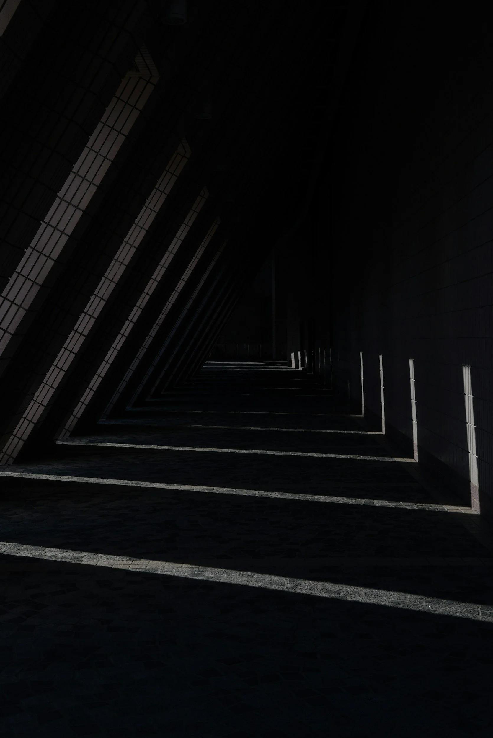 Dark, shadowy corridor with geometric shadows cast by diagonal window panels.