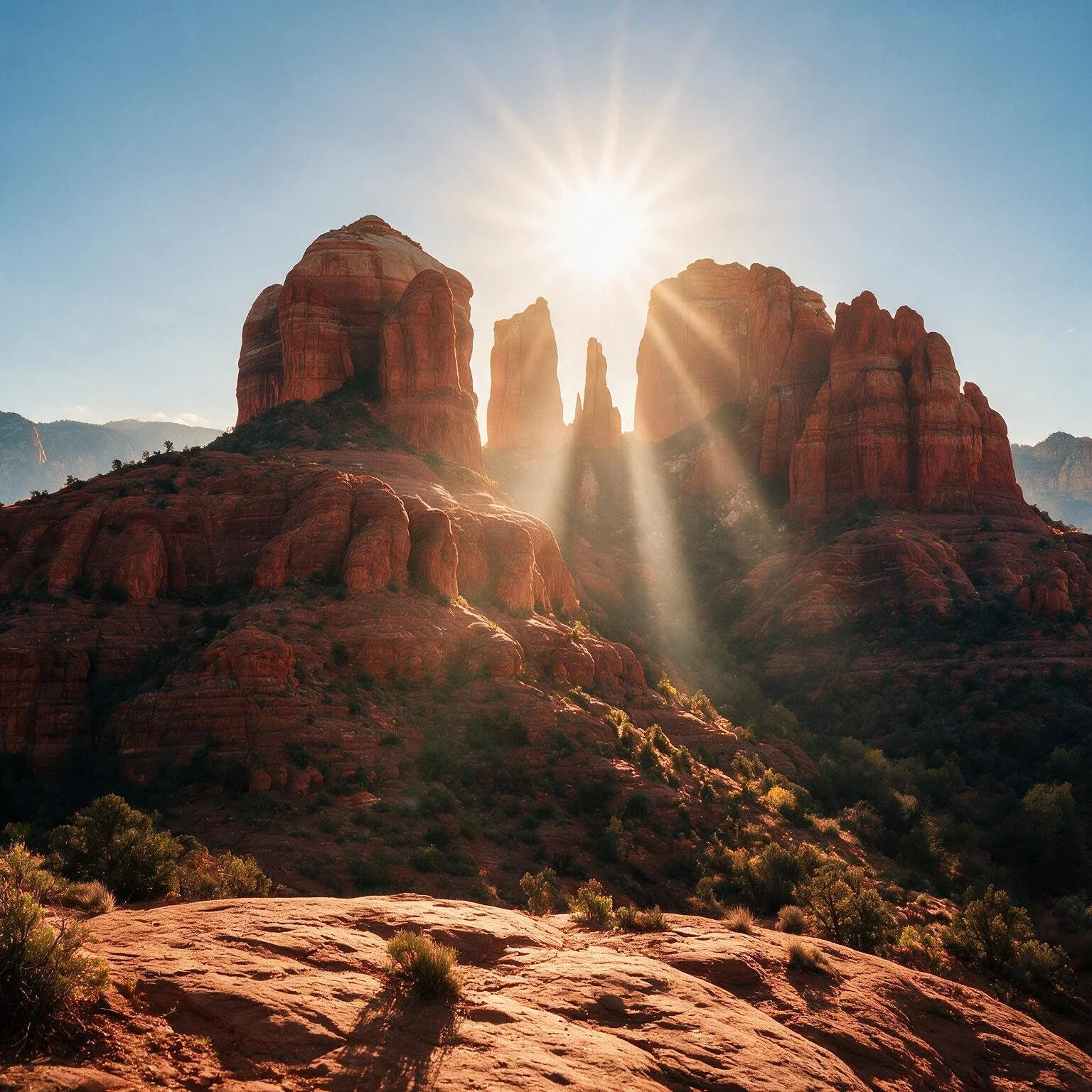 Sun shining over red rock formations in a desert landscape with some green shrubs.