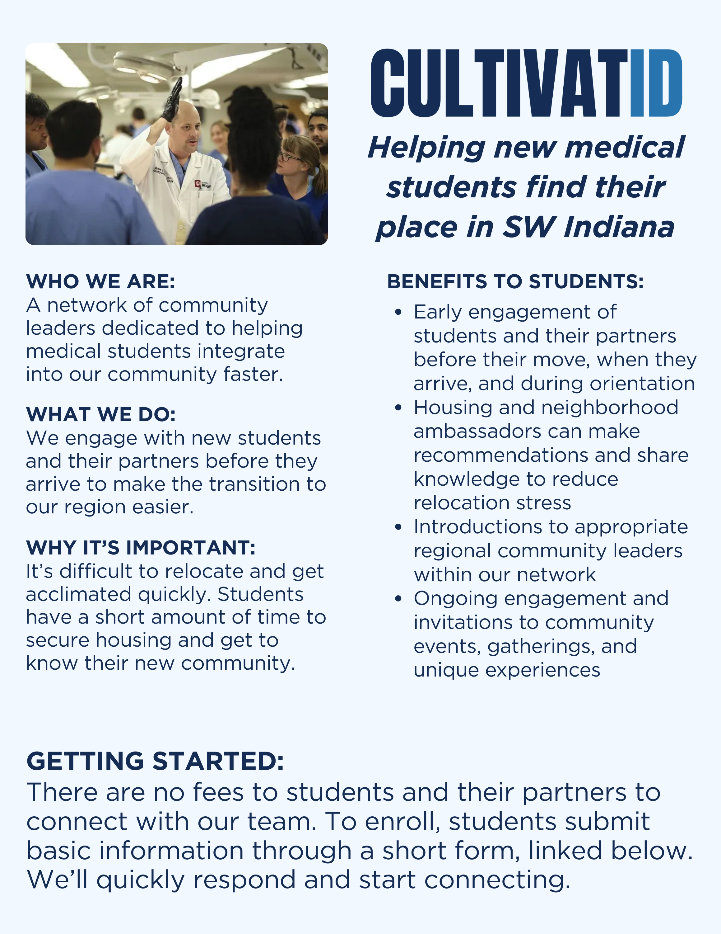 Flyer describing the work of the CultivatID team and its benefits to medical students.