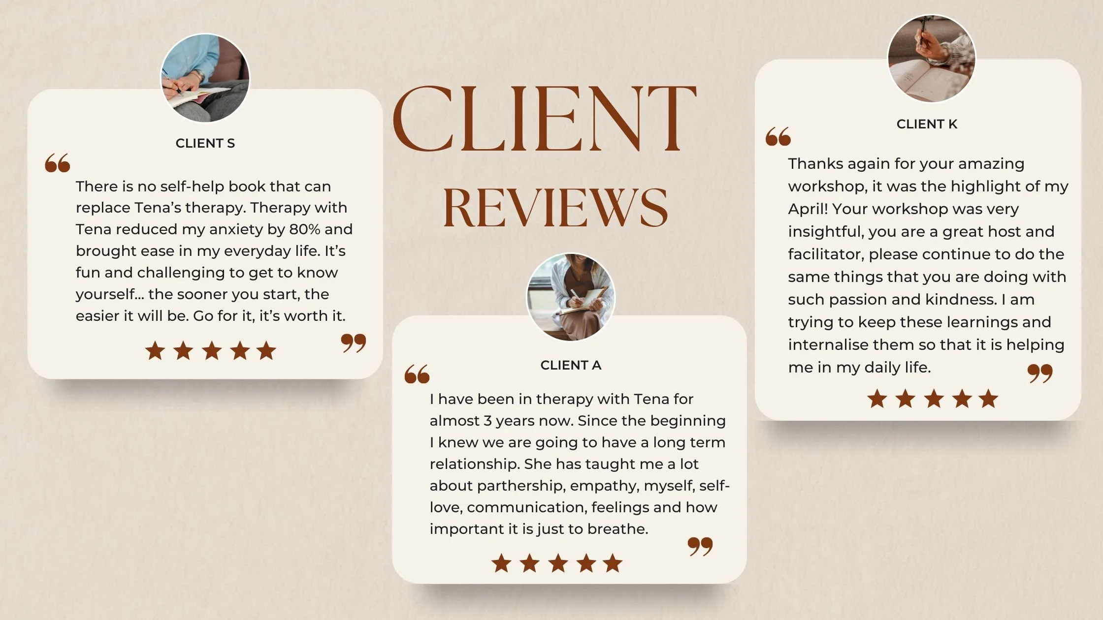 A graphic displaying three client reviews about therapy and workshops, with photos of clients, quotes, and star ratings.
