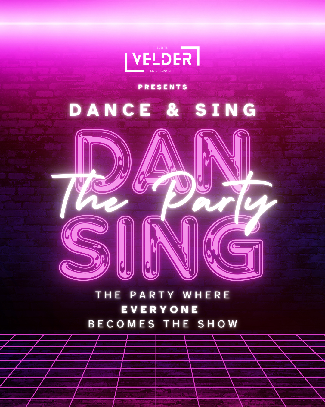 Neon sign for a dance party event with purple and pink colors on a brick wall background, including text about dance, singing, and a party.