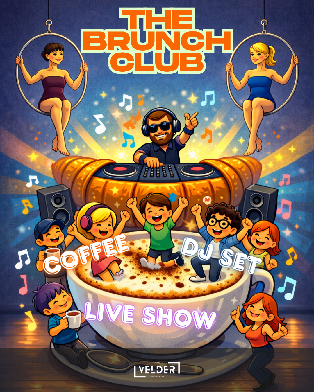 Colorful illustration of a lively brunch event with dancing children and animated characters. There's a DJ at the center with headphones and sunglasses, surrounded by musical notes. Two girls are hanging from hoops, and several children are dancing in a large coffee cup with the words 'Coffee,' 'DJ Set,' and 'Live Show' written on it. The scene is festive with bright lights and stars.