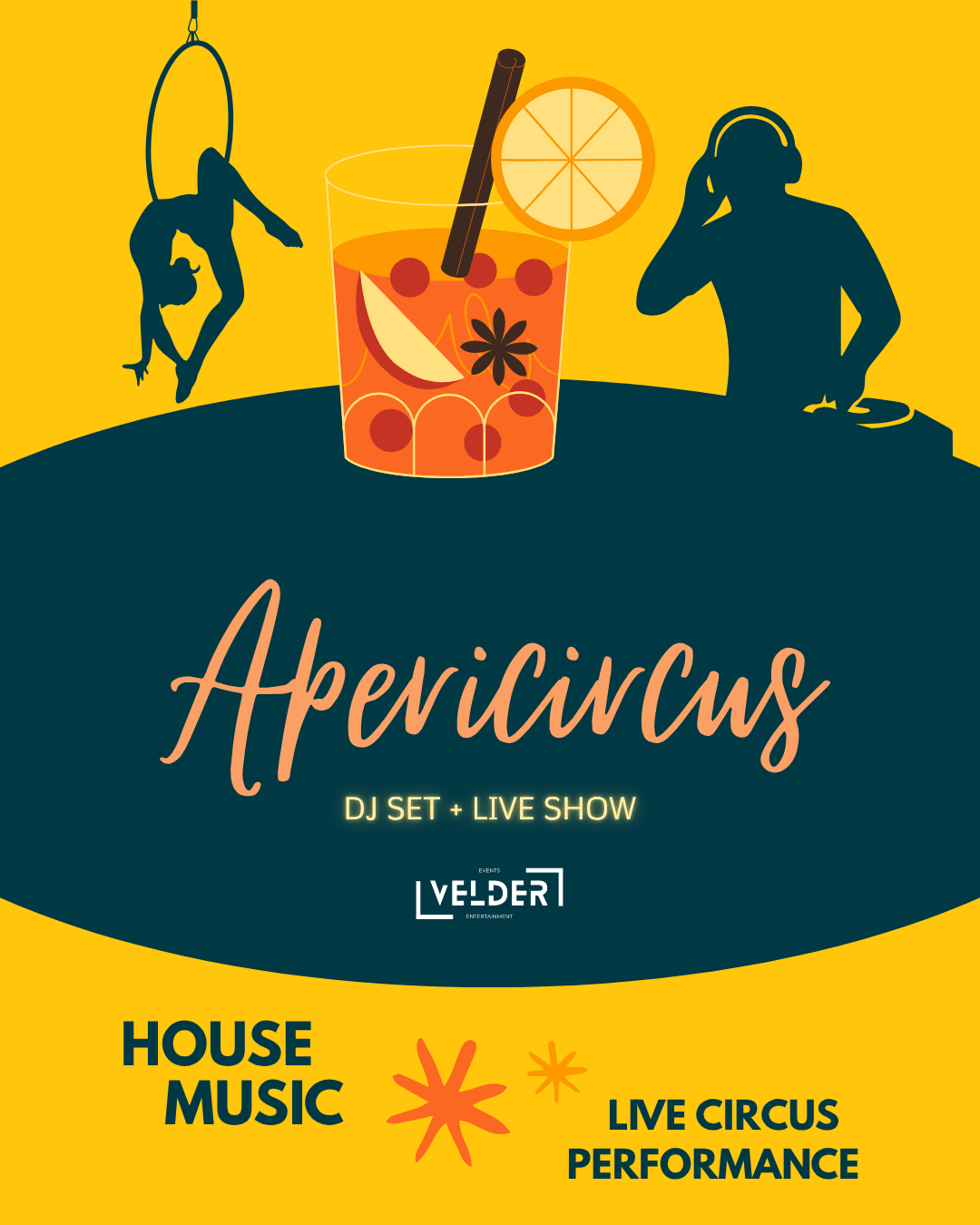 Locandina di evento Apericircus, aperitivo con dj set e performance di circo dal vivo