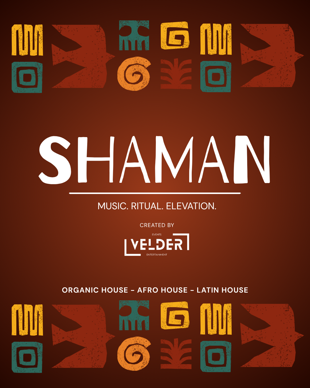 Poster for 'Shaman' music project featuring traditional Afro-Latin art decor in warm tones, with the subtitle 'Music. Ritual. Elevation.' and details about organic, Afro, and Latin house music.