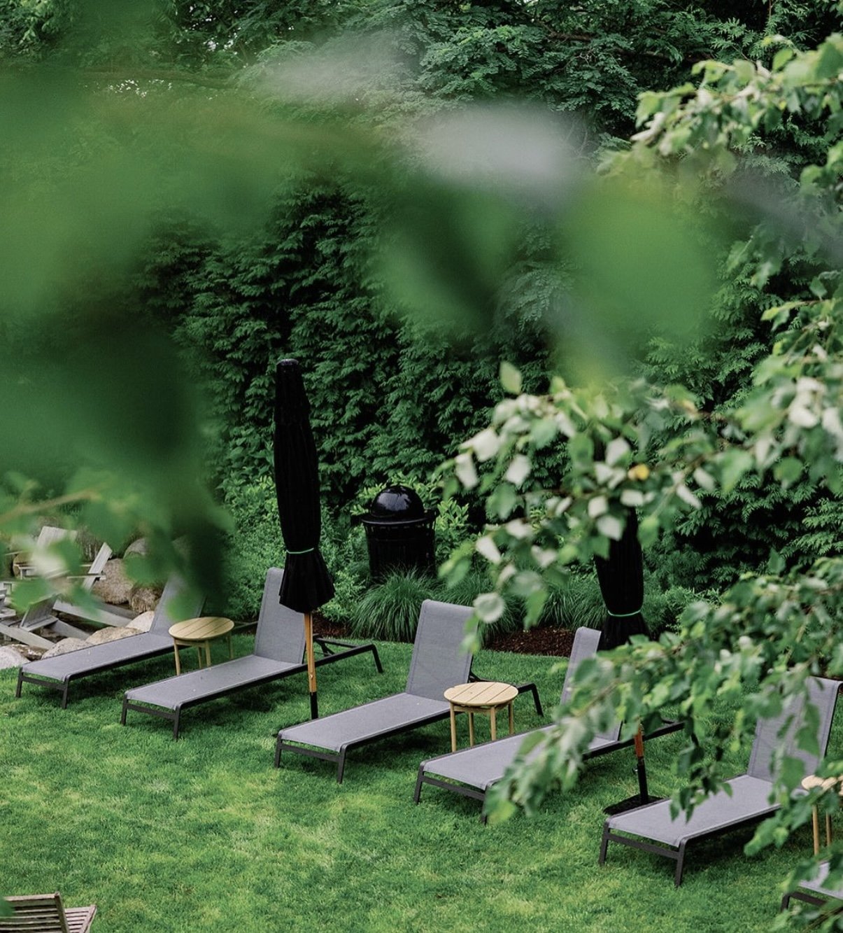 Empty outdoor lounge chairs with small side tables on a lush green lawn, surrounded by trees and shrubs, with black umbrellas and a trash can in the background.
