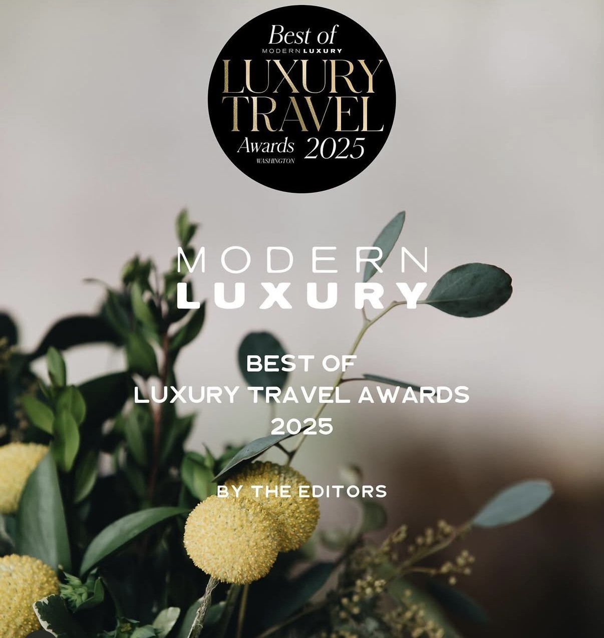 Cover of a magazine titled 'Best of Modern Luxury Travel Awards 2025', featuring a background of green foliage and yellow flowers, with white text and a black circular emblem at the top.