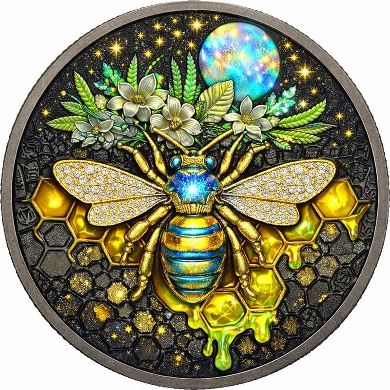 A detailed grayscale drawing of a teardrop-shaped object with mystical and surreal symbols. The top features clouds, lightning, and stars. Below, there's a faceless figure with an open mouth, adorned with jewelry, and a large eye on the right hand. The figure holds a small house in one hand and a bird in the other. The background contains cityscape elements, pyramids, and text reading 'YES' and 'NO'.