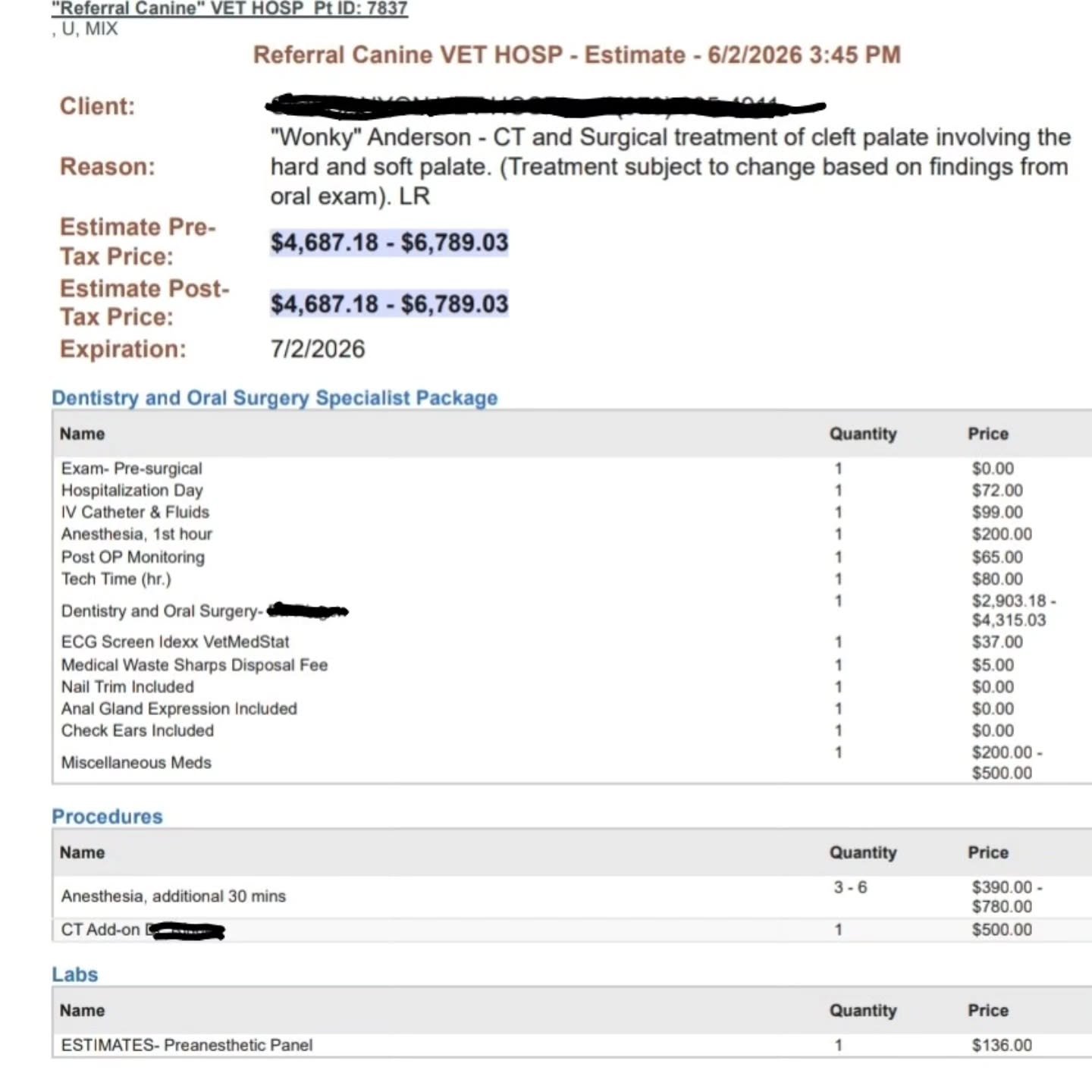 💵 Ok, my Wonky supporters, here it is. The big scary cleft palate surgery cost estimate. $4600-$6700. It's a pretty intimidating number. Her surgery is tentatively scheduled for July 2nd. I have found a veterinarian who specializes in dental and ora