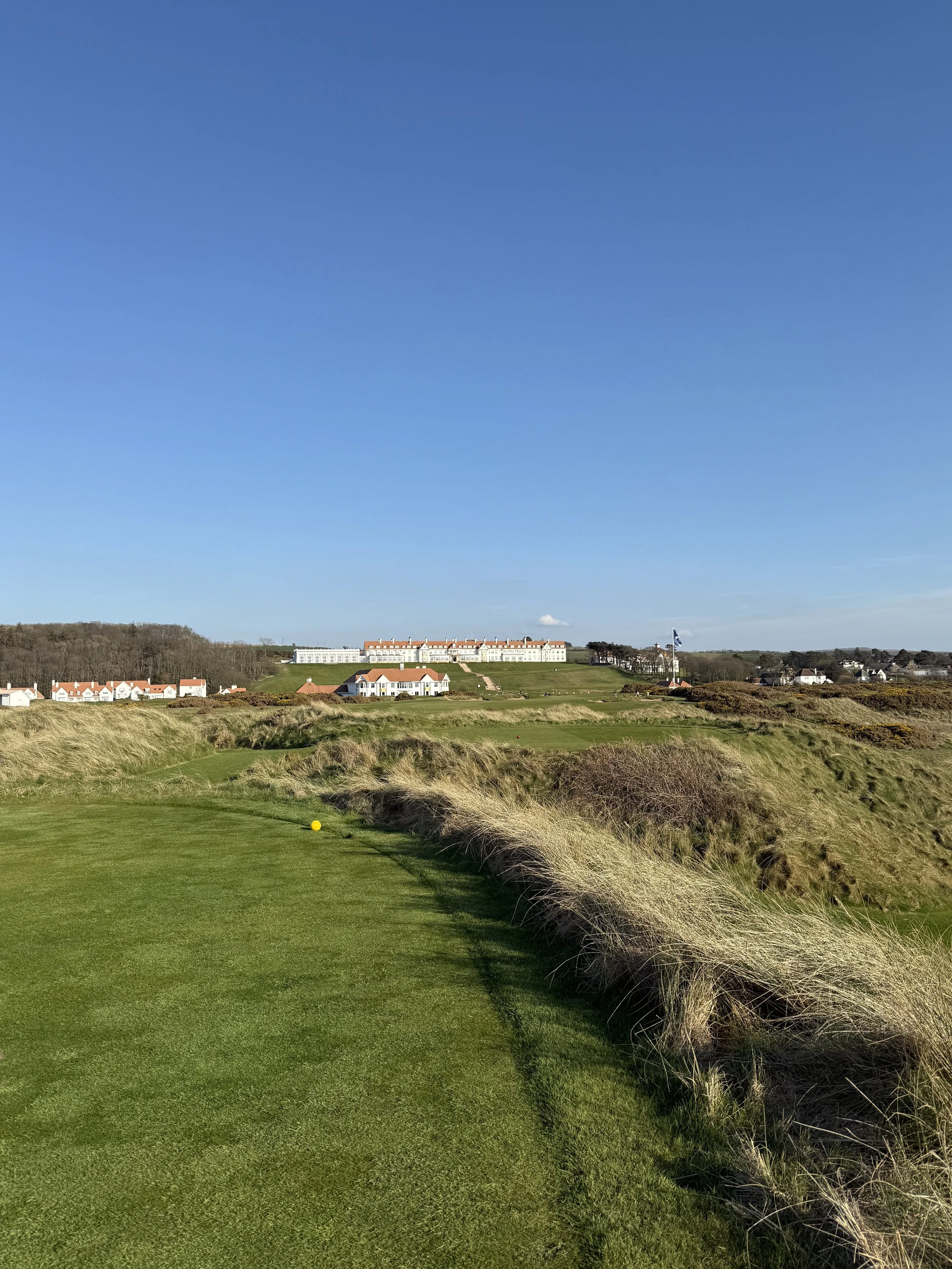 A golf course with a green fairway, yellow golf ball, sand dunes with grass, and a row of houses and a large white building on a hill in the background under a clear blue sky.