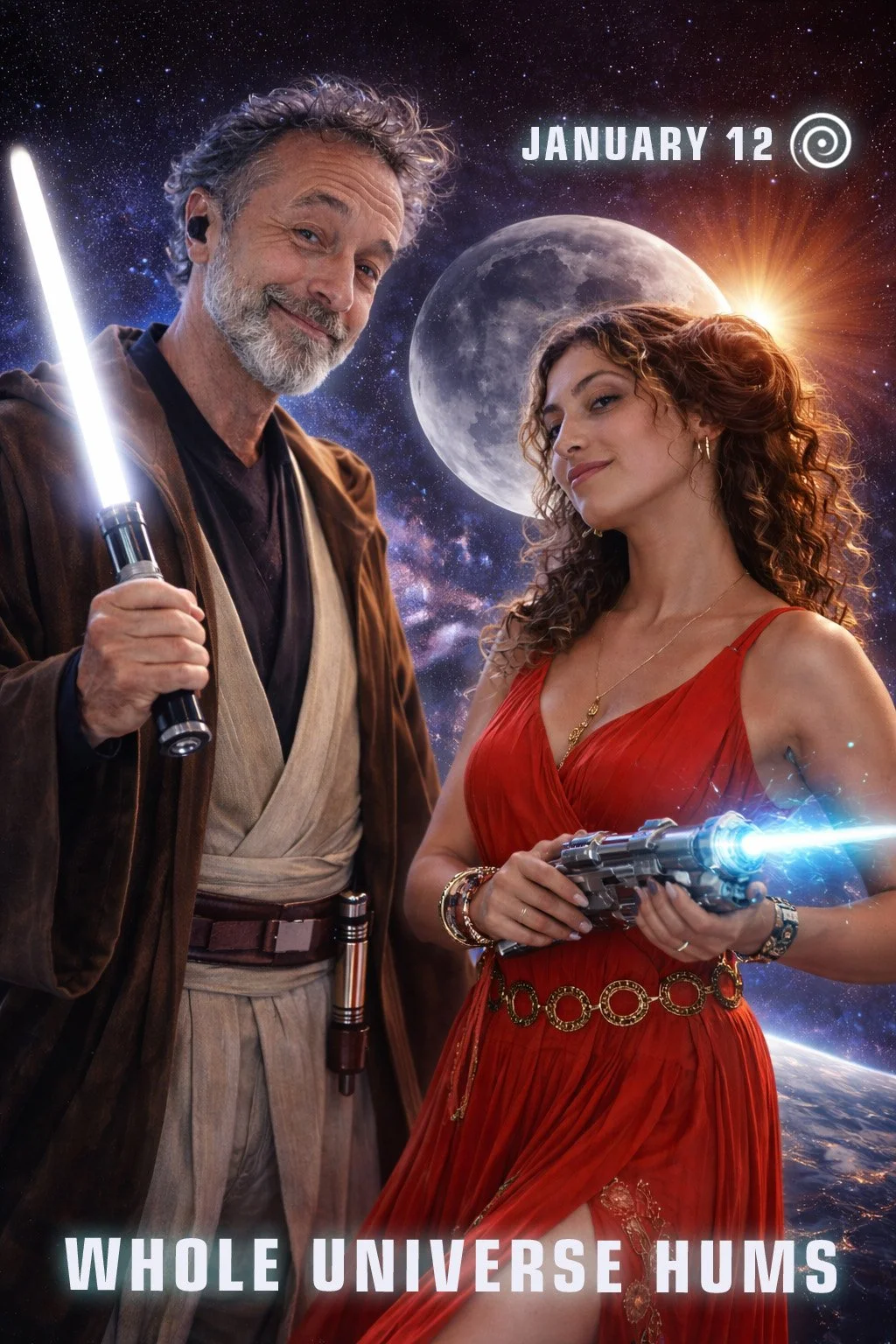 Father and daughter standing above Earth in space, the father holding a vertical beam of light and the daughter holding a glowing device, with the Moon and sunrise behind them.