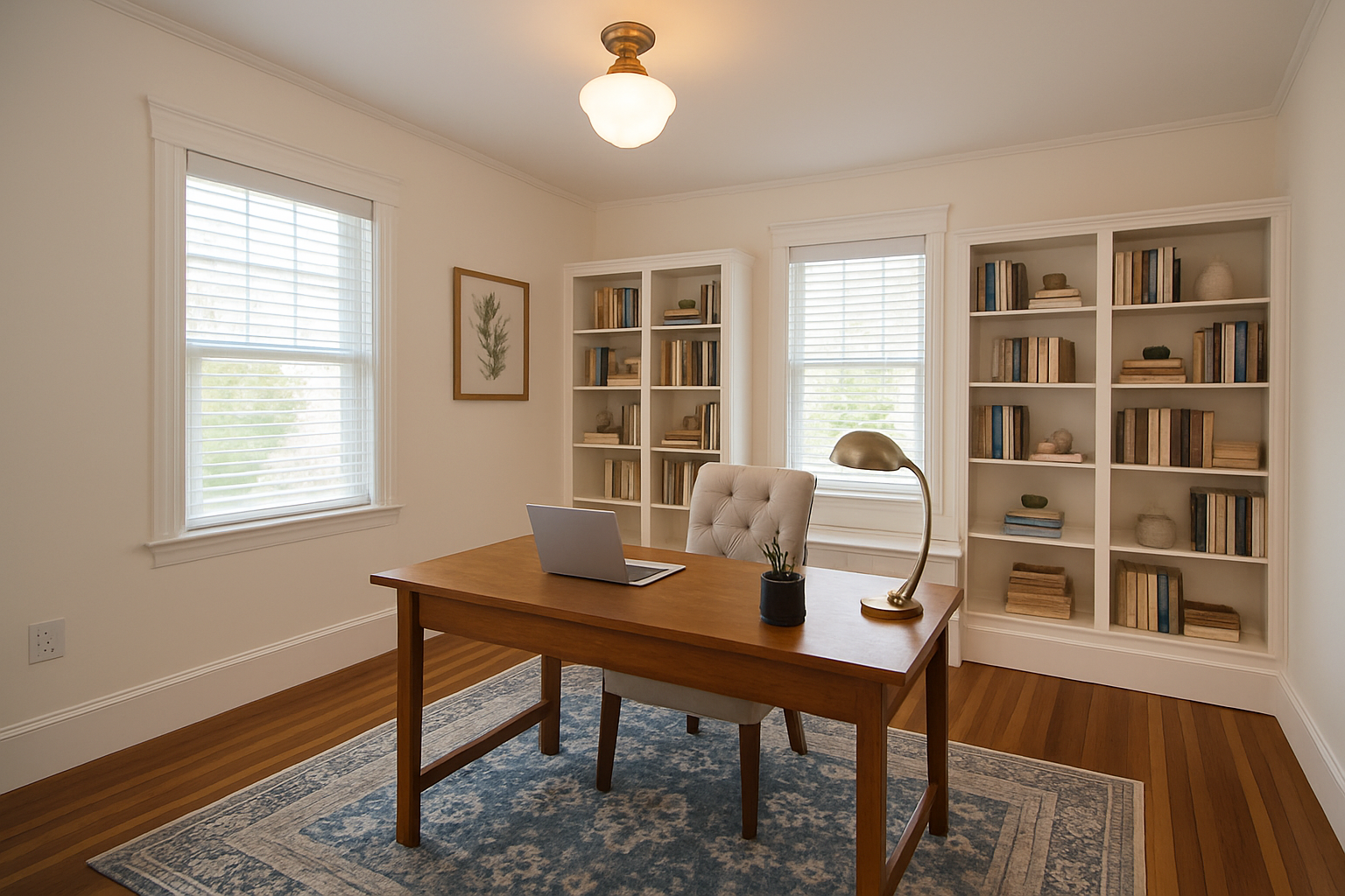 A well-lit home office with a wooden desk, white upholstered chair, laptop, desk lamp, and small plant. Behind the desk are two white bookshelves filled with books and decorative items. The room has two large windows with blinds, a framed botanical p