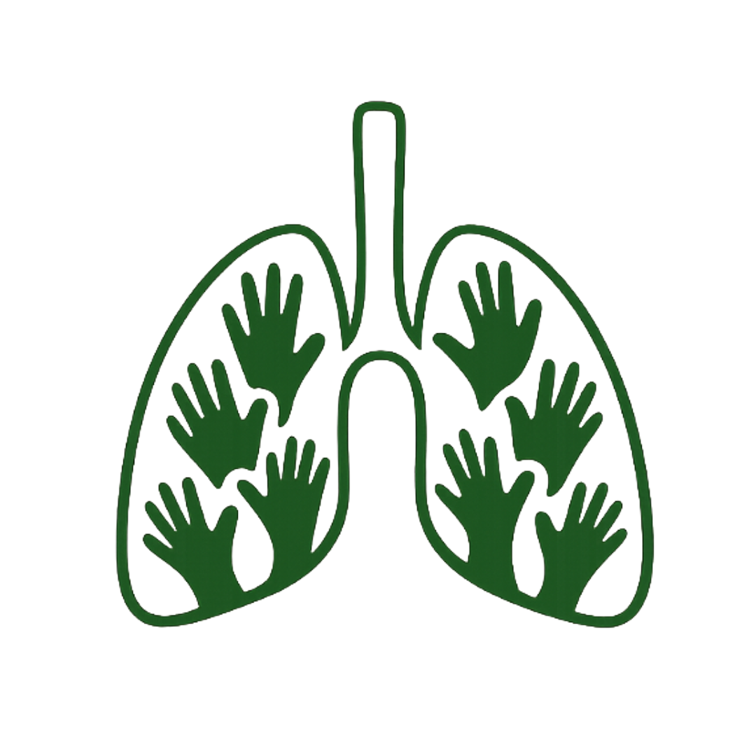 Illustration of human lungs with green hands inside. Congenital Lung Malformation Society. Support for CPAM and CLMs.