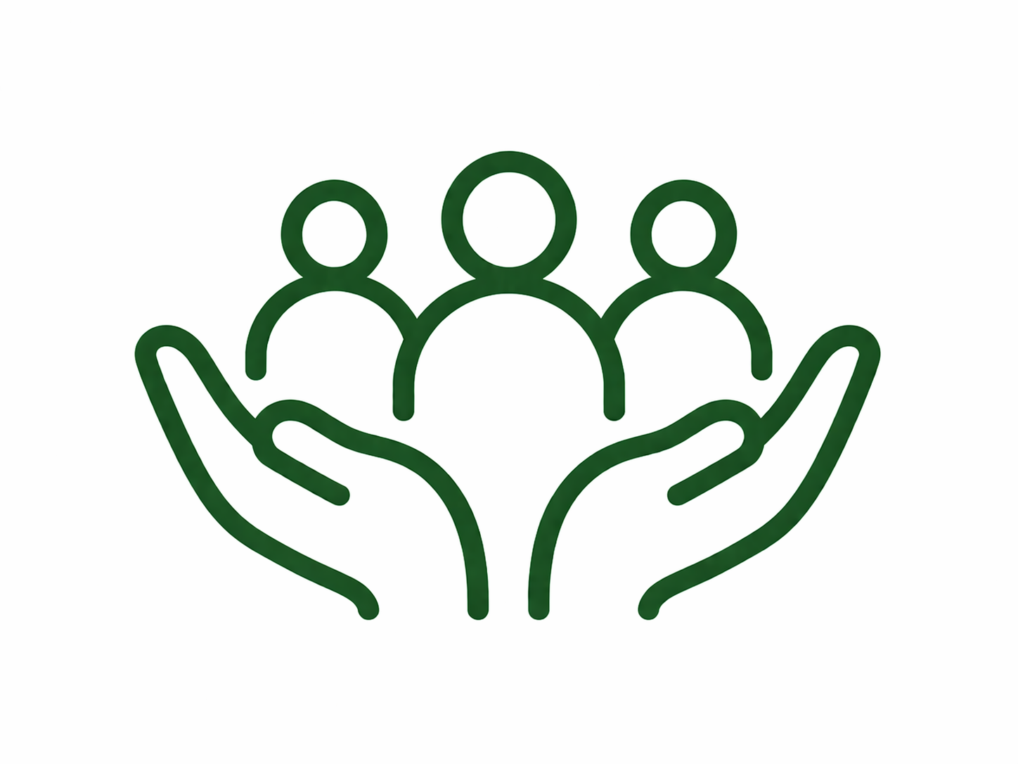 Line drawing of two open hands holding three people icons.