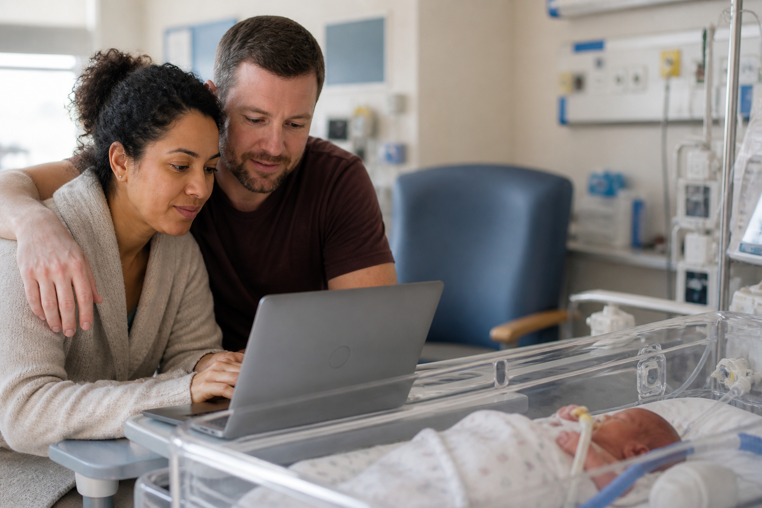 Parents looking at a laptop in a hospital room beside their newborn in an incubator. CPAM baby support.