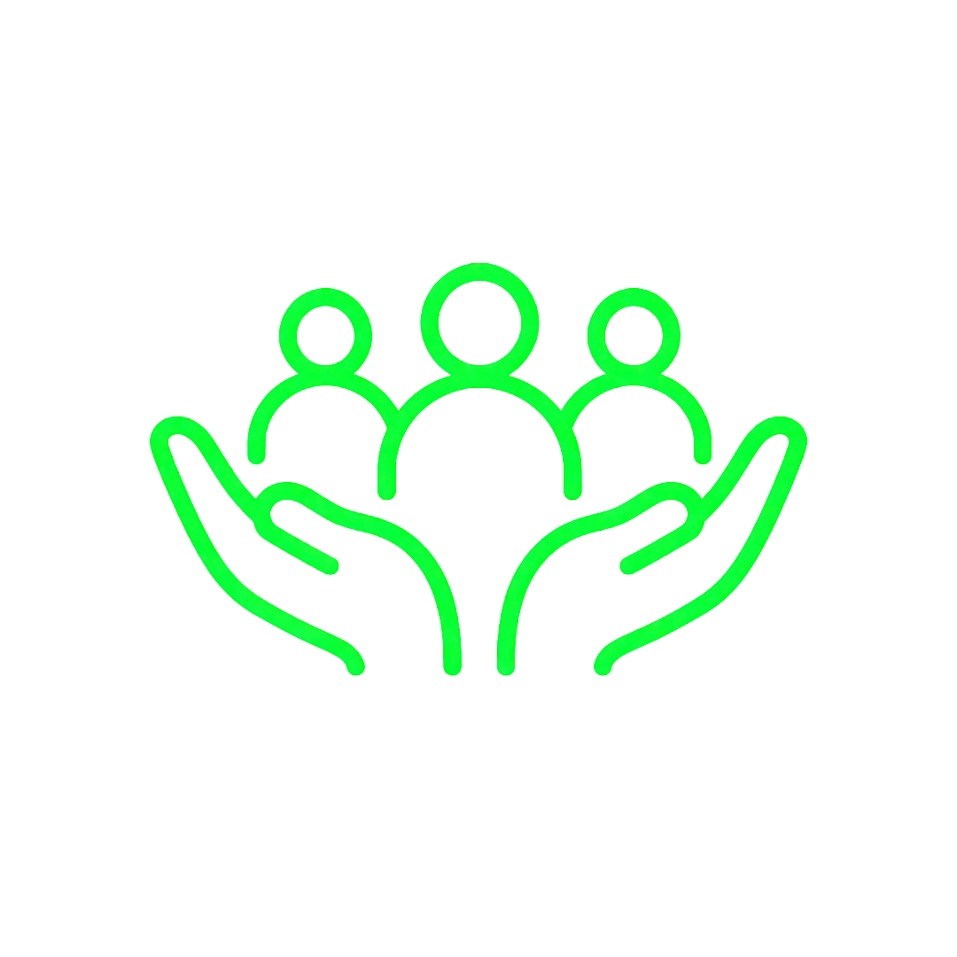 Neon green outline of two hands cupping three human figures, symbolizing care or community support.