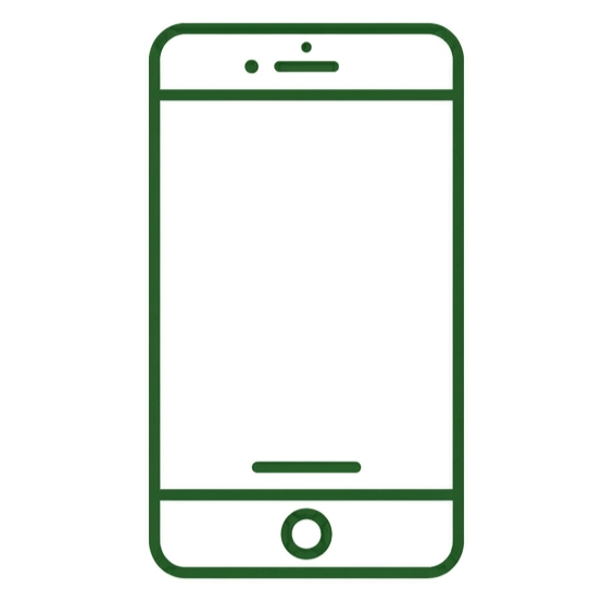 Outline drawing of a smartphone in green with a blank white screen.