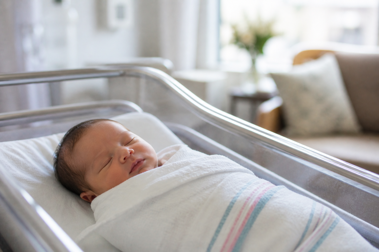 A sleeping newborn baby swaddled in a white hospital blanket, lying in a hospital bassinet with a metal frame in a bright, cozy room. CPAM support.