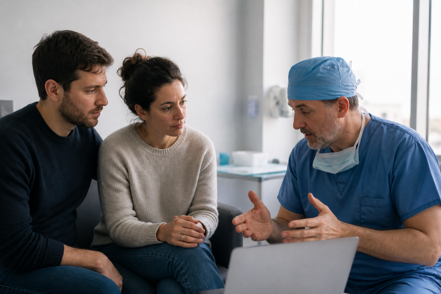 A medical professional in scrubs and a mask sitting with a man and woman in a clinic, discussing treatment.
