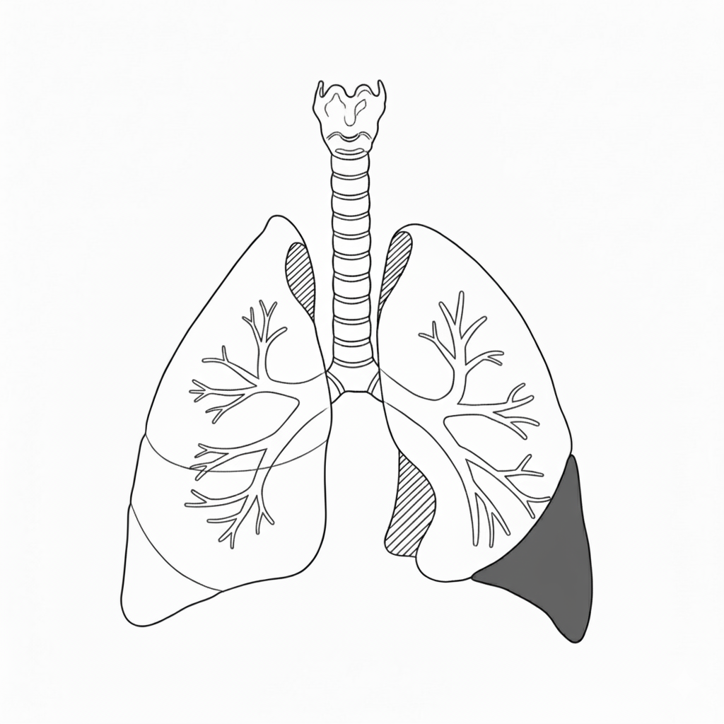 Line drawing of a congenital pulmonary airway malformation (CPAM) in the lower left lung lobe.