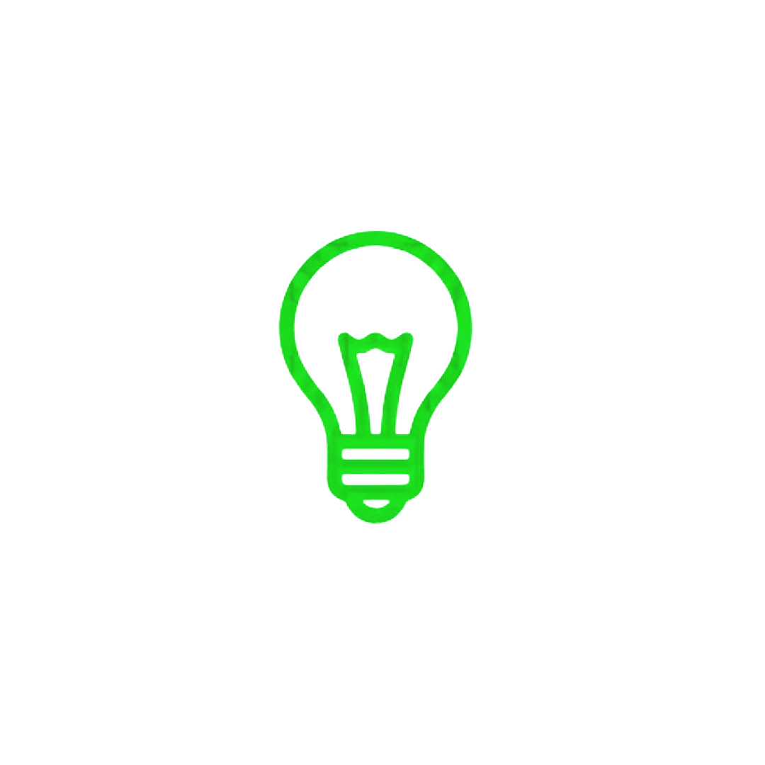 Outline of a light bulb with green neon glow, set against a black background.