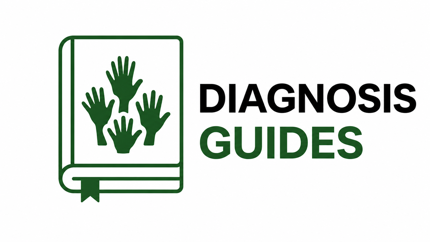 Logo for Diagnosis Guides featuring a green outline of a book with five green hands overlapping and pointing in different directions, and the words "Diagnosis Guides" in bold black and green text.