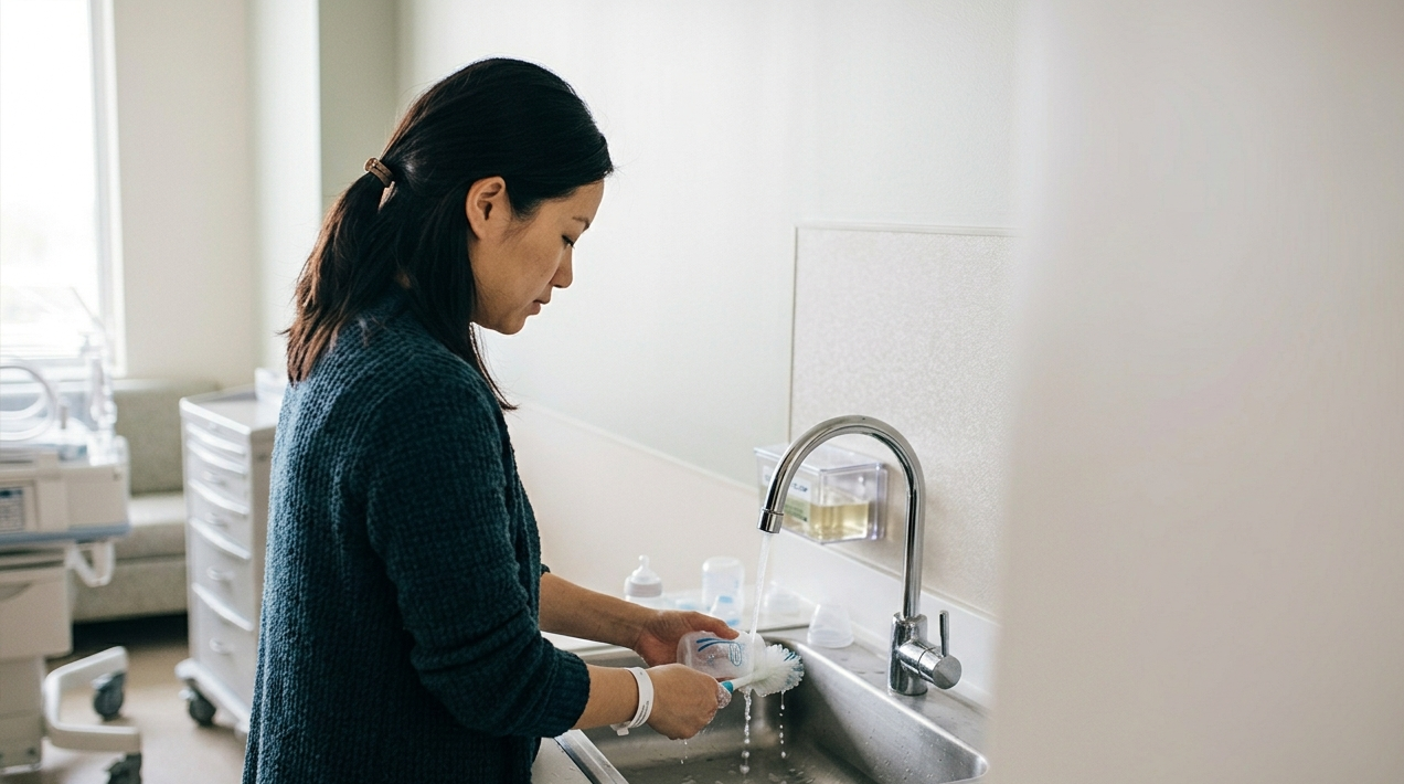 A woman washing a disposable cup at a hospital sink.