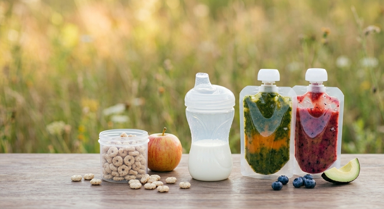 A wooden table with a container of cereal, an apple, a baby bottle, and two gel pouches with blended fruits and vegetables, blueberries, and a sliced avocado in front of a blurred outdoor background.