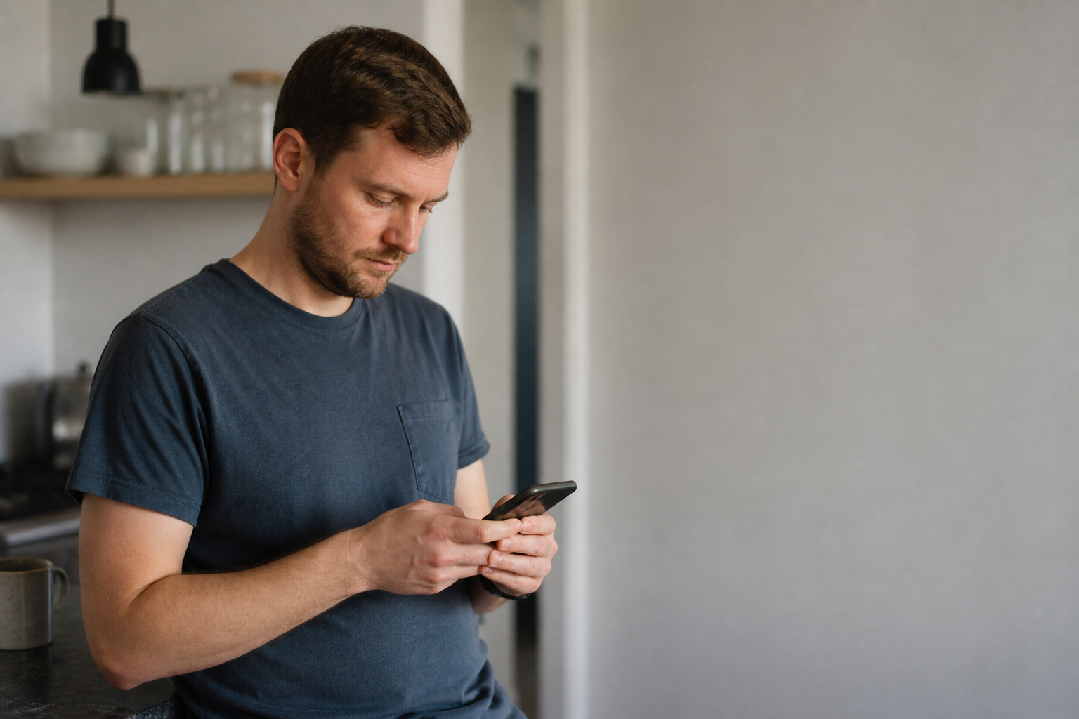 A young man with brown hair and a beard wearing a navy t-shirt, looking down and using a smartphone in a modern kitchen. CPAM baby support.