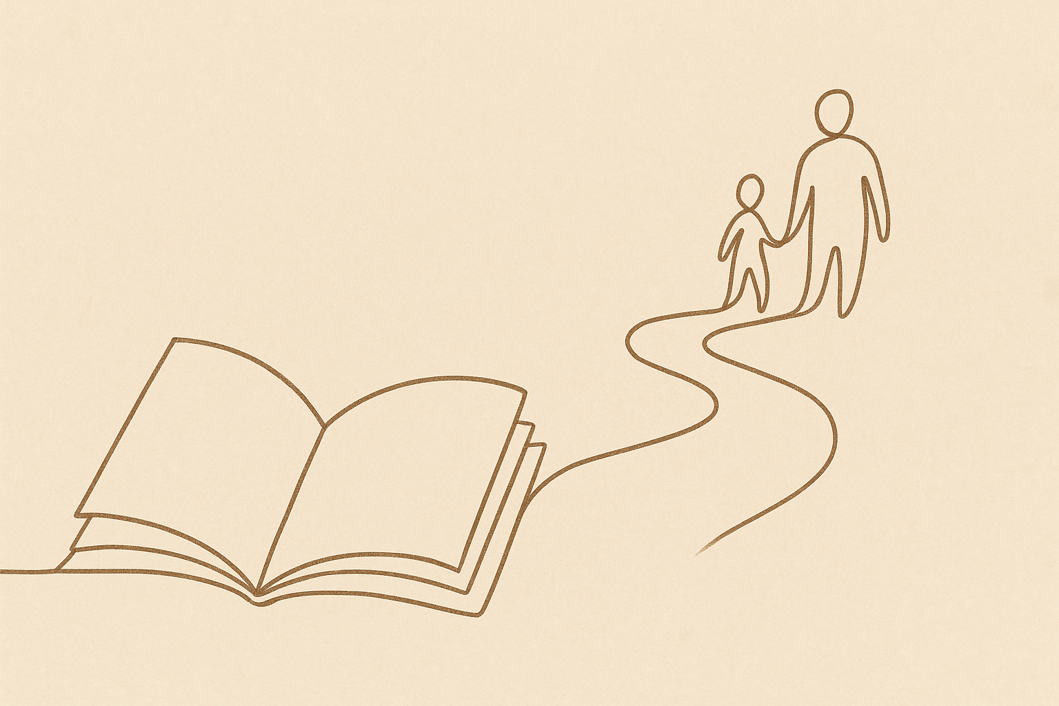 A simple line drawing of an open book with a winding path leading to two figures, an adult and a child, holding hands.