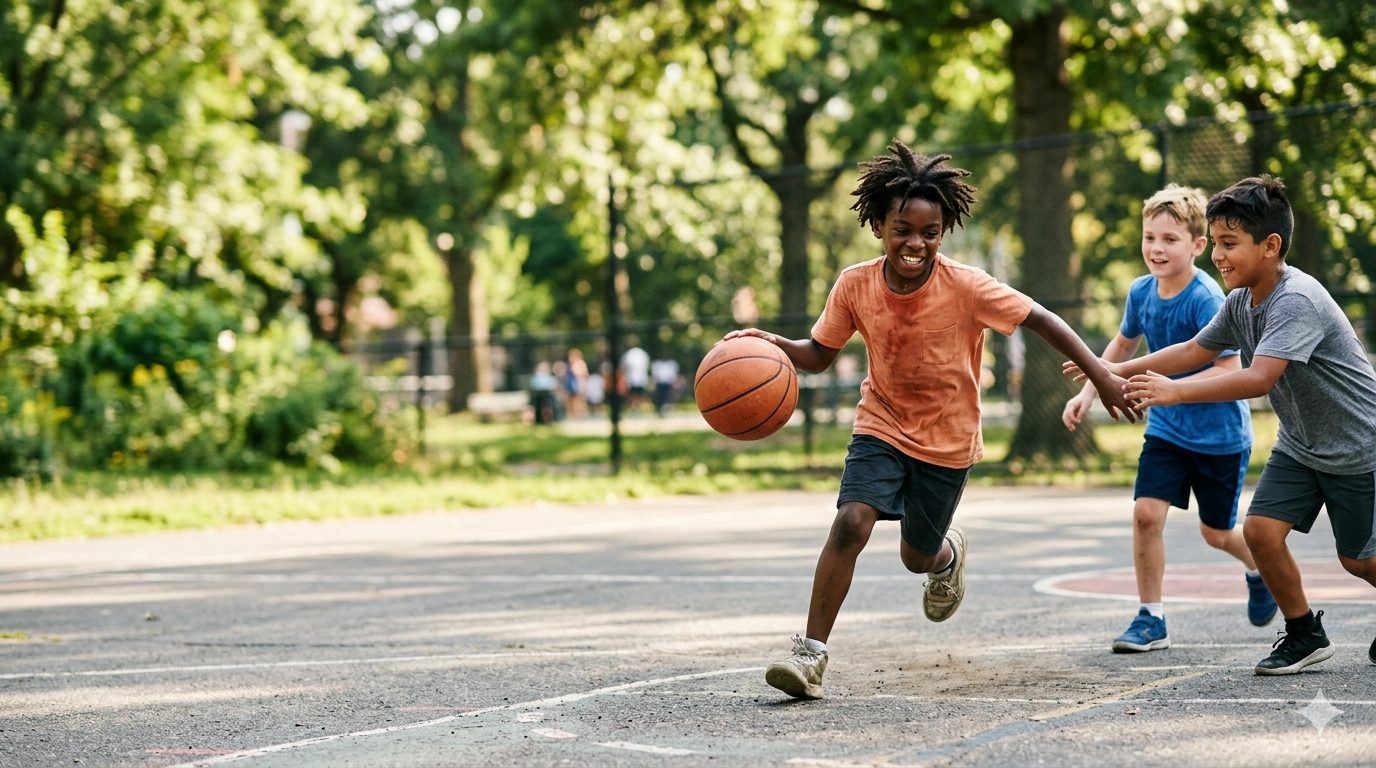 Children playing basketball on outdoor court in a park with trees in the background