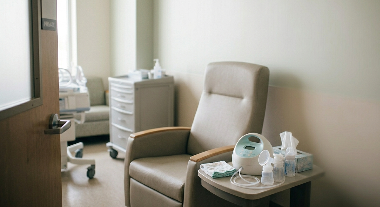 A hospital room with a beige armchair, a small table with medical supplies, a private room sign on the door, and medical equipment in the background.