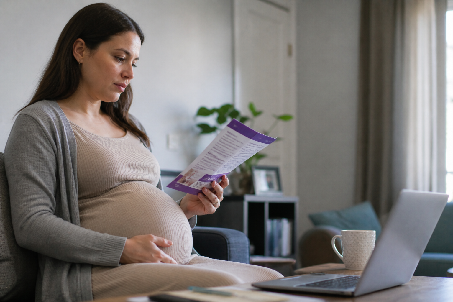 Pregnant woman sitting on a couch, reading a pamphlet at home with a laptop and coffee mug nearby. CPAM support.