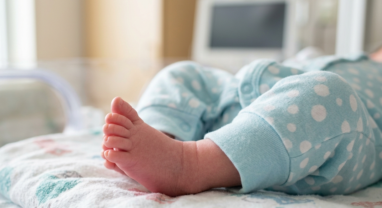 Close-up of a baby's foot in a blue and white polka dot pajamas, resting on a hospital bed.