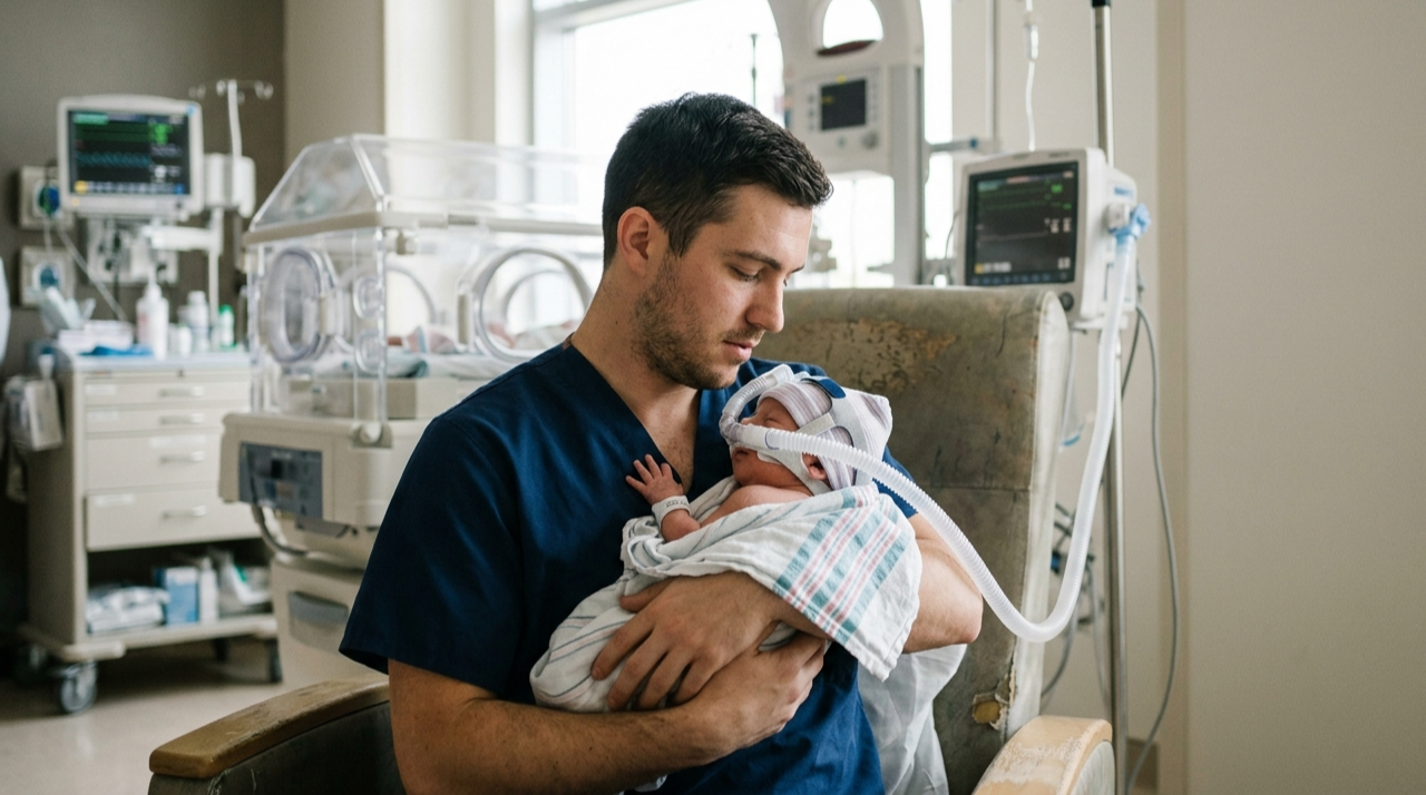 A man in a navy blue shirt holding a newborn baby wrapped in a hospital blanket with a breathing tube on the baby in a neonatal intensive care unit.